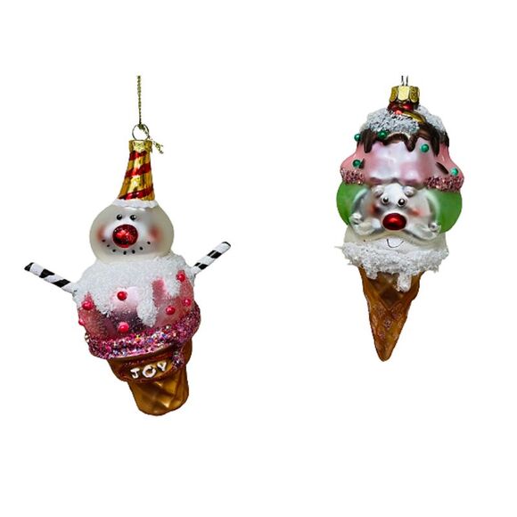 Jolly Snowman Ice Cream Cones Christmas Holiday Ornaments Set of 2 - Picture 1 of 6